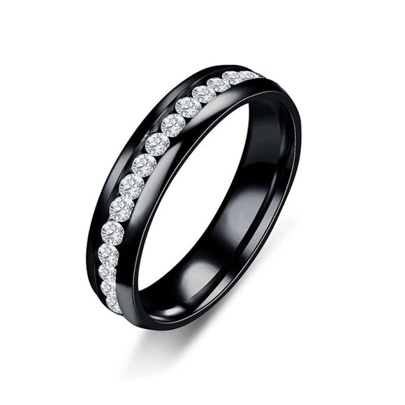 3/$35 Single Row Rhinestones Black Band Ring Stainless Steel Diamond Gemstone - Picture 1 of 4